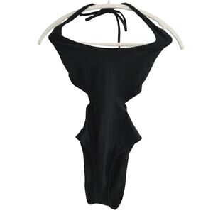 Aerie black one piece swimsuit sz Med open back halter tie neck peekaboo sides.